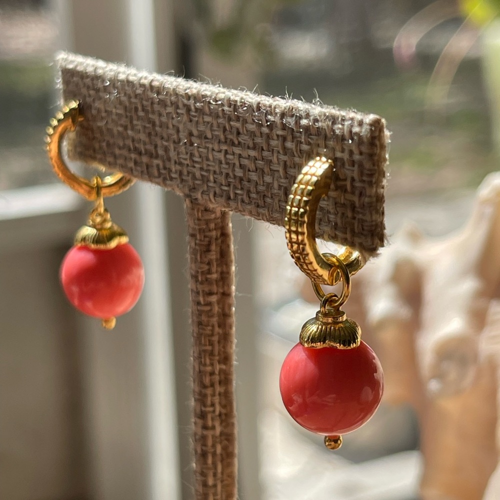 Gold, plated sterling silver coral drop earrings - Picture 3 of 5